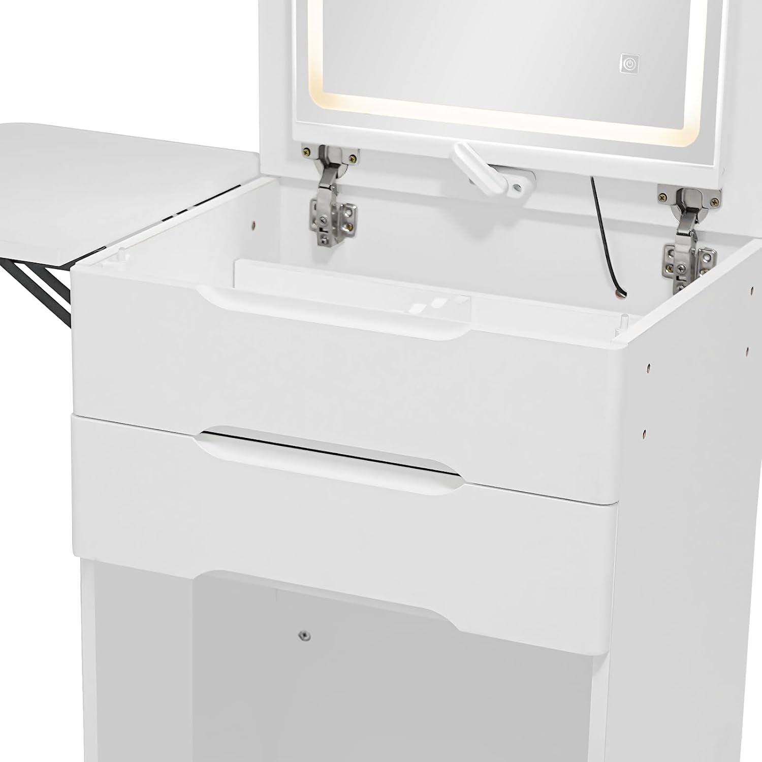 3 in 1 Compact Dressing Table with Mirror and Lights,Small Vanity Desk with Stool and 3 Drawers,Corner Makeup Table with Foldable Panel for Bedroom Living Room Small Space