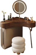 Corner Makeup Vanity Desk, Vanity Small Space with LED Mirror, 3 Drawers, Minimalist Design Wood Nightstand Vanity Suitable for Small Bedroom Spaces,with Mirror ＆ Stool