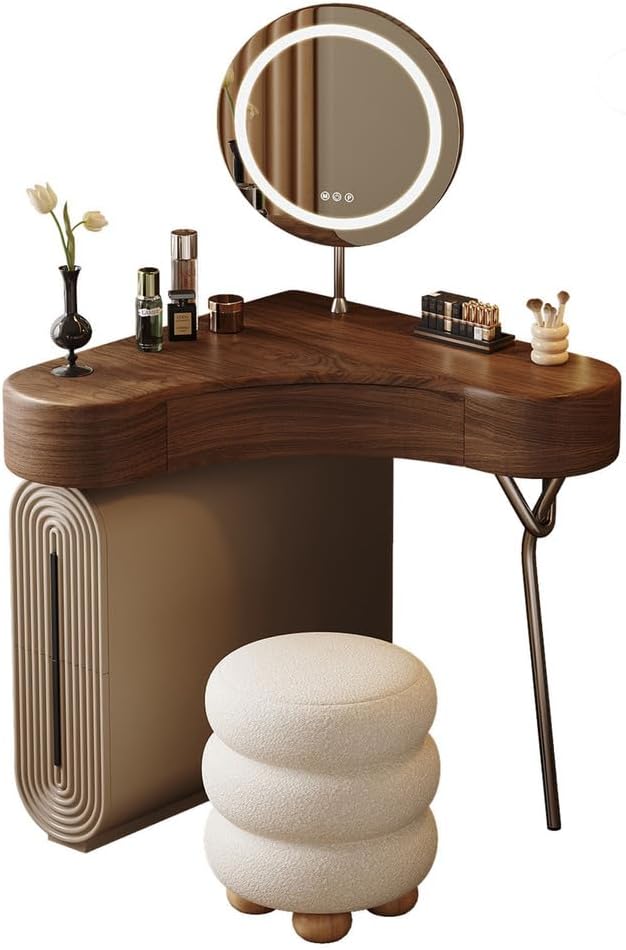 Corner Makeup Vanity Desk, Vanity Small Space with LED Mirror, 3 Drawers, Minimalist Design Wood Nightstand Vanity Suitable for Small Bedroom Spaces,with Mirror ＆ Stool