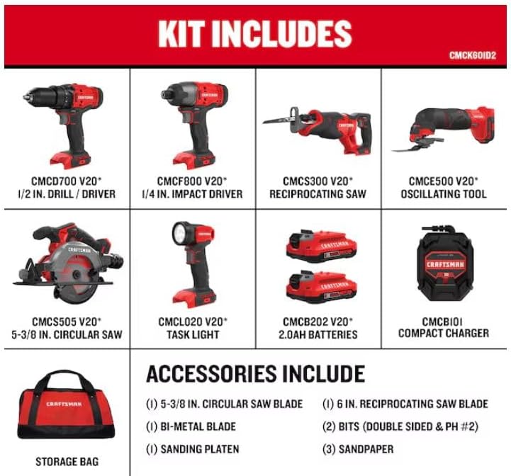 CRAFTSMEN V20 20-volt Max 6-Tool Power Tool Combo Kit with Soft Case (2-Batteries and Charger Included)