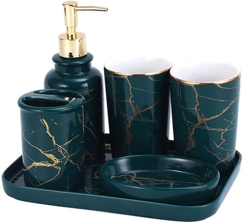 Vanity Bathroom Decor, Nordic Ceramics Bathroom Accessories Set Imitation Marble Toothbrush Holder Soap Dispenser Cup Soap Dish Housewarming Gift(Green,6pcs)