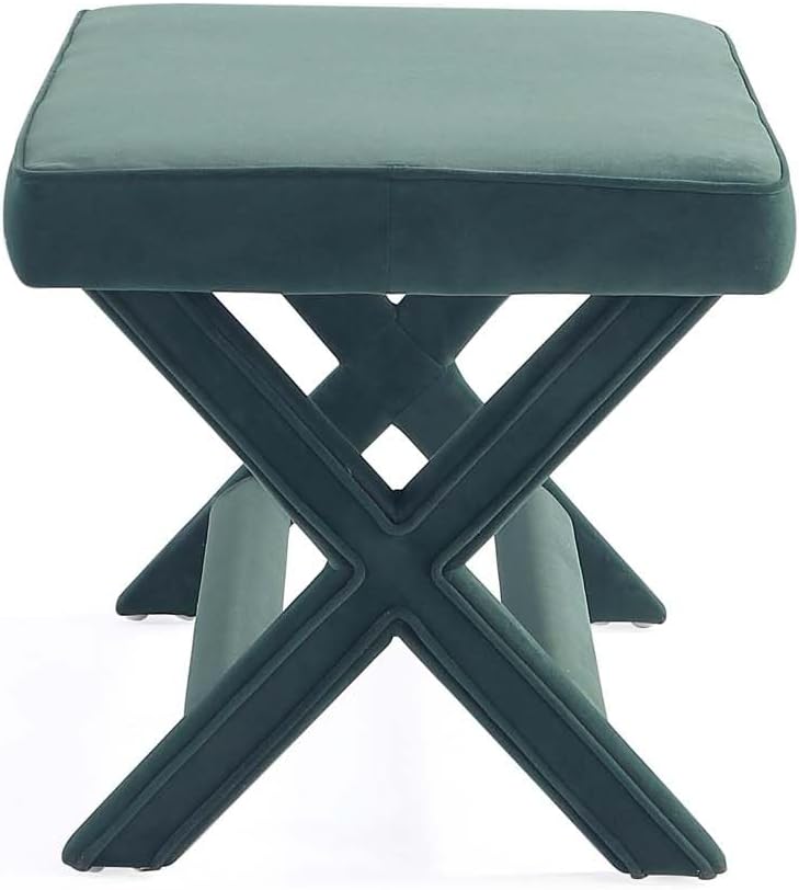 Manhattan Comfort Abigail Double Ottoman Bench Upholstered in Velvet Fabric, Luxurious Accent Vanity Stool with Stylish X-Crossed Legs, Solid Wood Frame, Plush Piped Cushion, Fully Assembled, Green