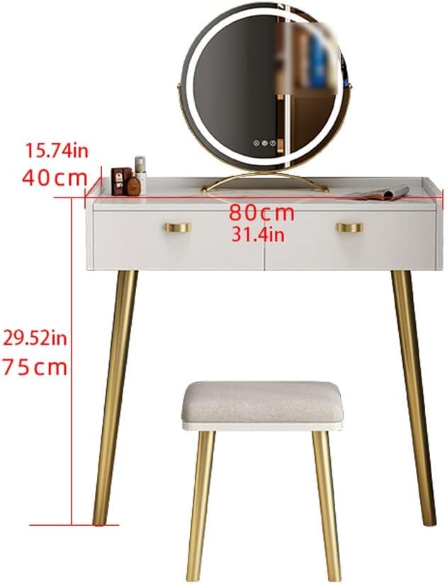 Vanity Benches Dressing Table Set Cosmetic Storage Table Bedroom Small Apartment Vanity Table with LED Round Mirror, Dressing Stool (Color : A)
