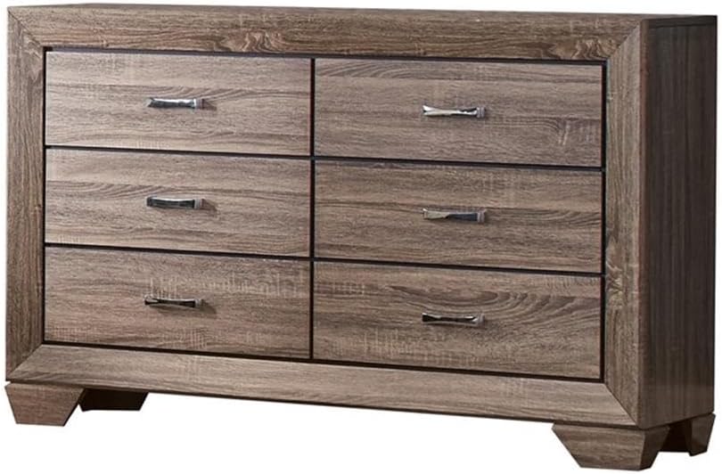 MAKLAINE Contemporary 4-Piece Eastern King Wood Bedroom Set, Washed Taupe Finish, Solid Asian Hardwood, Includes Bed, Dresser, Mirror, Nightstand, Oak Wood Grain, Chrome Handles, Transitional Style,