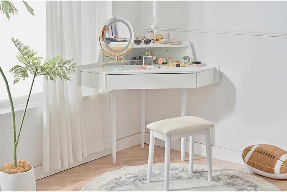 Modern Corner Makeup Vanity Desk with Large Storage, LED Mirror & Stool, Brightness Adjustable, Space-Saving for Small Places, White
