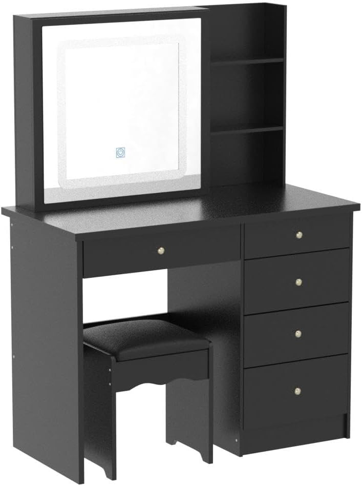 Homsee Vanity Desk Set Makeup Table with Large Sliding Lighted Mirror, Dressing Table with 5 Drawers, Storage Shelves & Cushioned Stool for Bedroom, Black