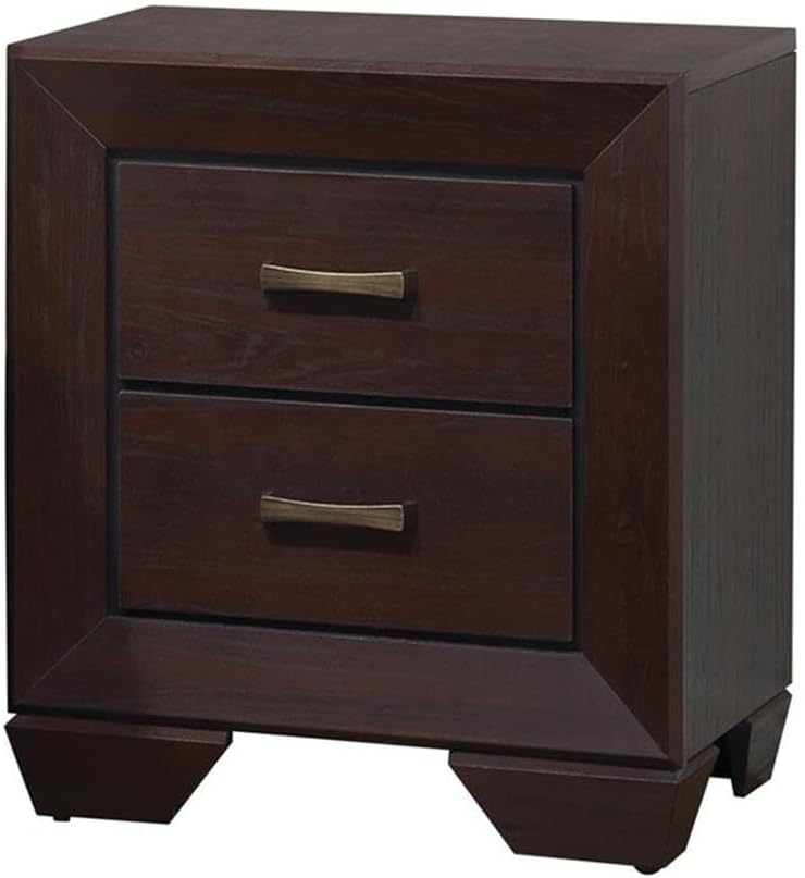 MAKLAINE 4-Piece California King Bedroom Set, Brown Faux Leather Bed with Black Rubberwood Legs, Includes Nightstand, Dresser, Mirror, Mid-Century Modern Style, Transitional Furniture for