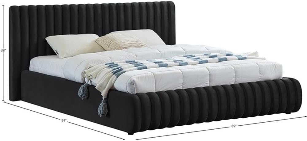 Pemberly Row Contemporary King Bed, Black Velvet Upholstery, 89' W x 91' D x 38' H, Channel Tufted Headboard and Footboard, Modern Bedroom Furniture