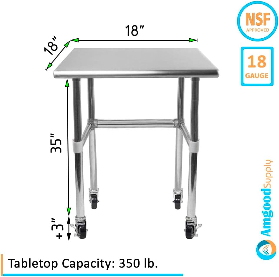 AmGood Stainless Steel Work Table Open Base & Wheels | Work Station | Metal Work Bench (Stainless Steel Work Table Open Base + Casters, 18' Long x 18' Deep)