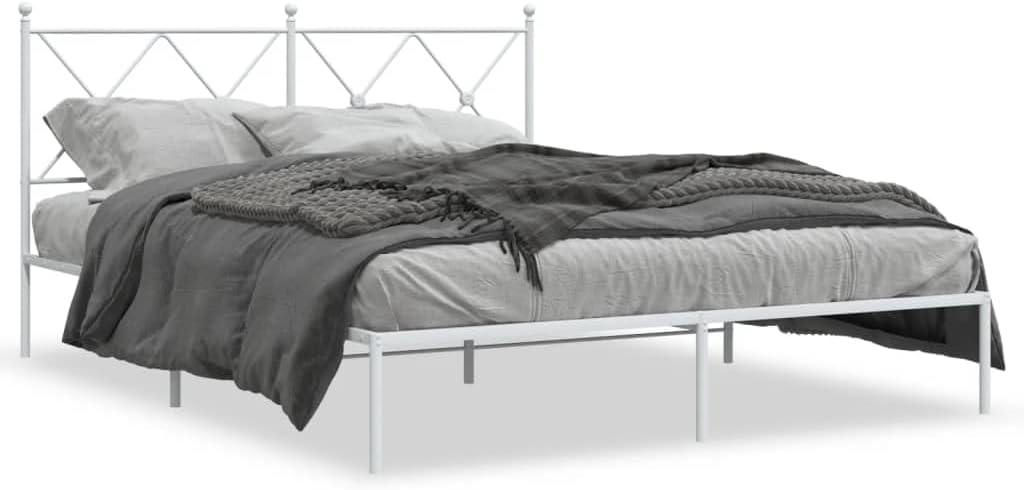 King Size Bed Frame with Headboard, White Powder-Coated Steel Modern Platform Bed Frame, Sturdy Metal for Mattress, Minimalist Design, Easy Assembly