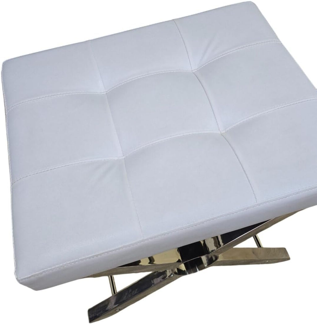 Carolina Chair & Table Modern X-Frame Stool - Luxury Chrome Steel Base with White Upholstery Cushion Faux Leather Soft Seat, Vanity Bench - Modern Style Accent Furniture for Living Room, Bedroom