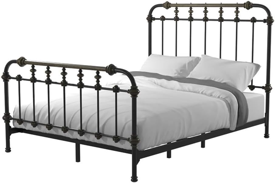 BOWERY HILL Transitional Metal Twin Spindle Bed, Antique Black Finish, Powder-Coated Steel Construction, 80.75 x 43.5 x 54.75 in, Headboard and Footboard Slats, Antique Gold Accents for Bedroom Use