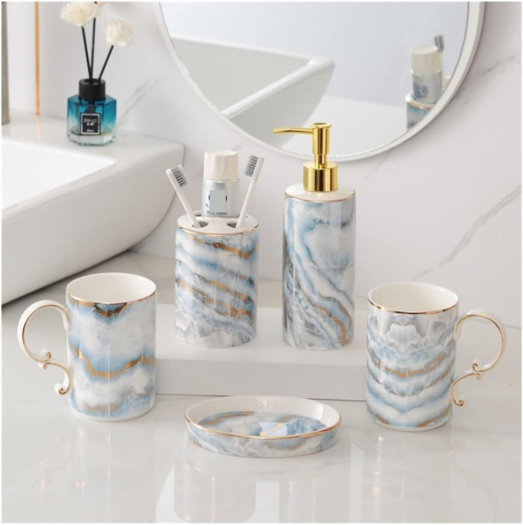 Vanity Bathroom Decor, Ceramic Bathroom Accessory Set Fashion Marble Pattern European Style Bathroom Kit for Housewarming Gift Housewarming Gift(C)