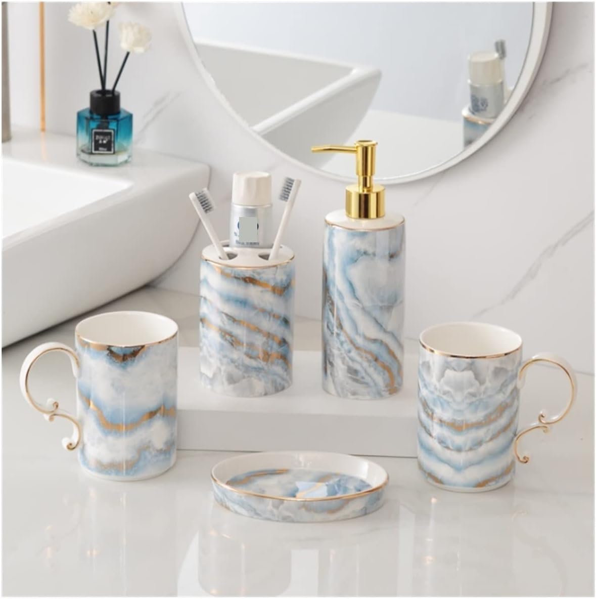 Vanity Bathroom Decor, Ceramic Bathroom Accessory Set Fashion Marble Pattern European Style Bathroom Kit for Housewarming Gift Housewarming Gift(C)