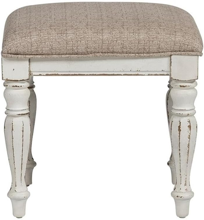BOWERY HILL Modern Wood Vanity Stool, Antique White Finish, Ivory Tweed Chenille Upholstery, Turned Faceted Legs, Bedroom Accent Chair, 18.5 in Seat Height, Indoor Use
