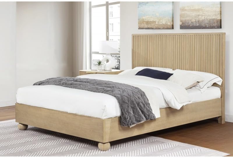 Light Oak Wood Eastern King Bedroom Furniture 2pc Set, Fluted Design Platform Bed with Nightstand