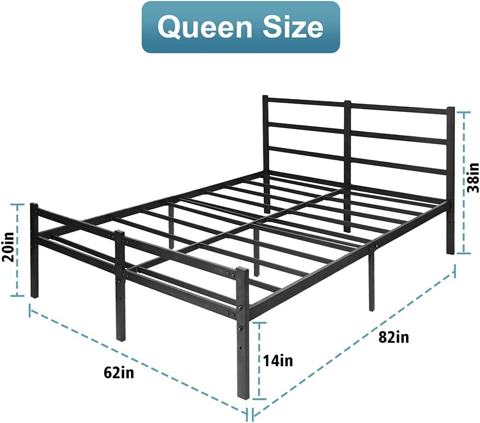 AKSG Queen Bed Frame with Headboard 14 Inch Platform Bed Frame No Box Spring Needed Metal Queen Size Bed Frame with Storage Heavy Duty Steel Slat Black