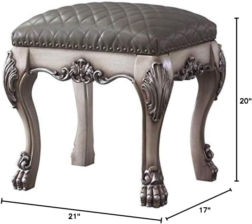 Acme Dresden Faux Leather Upholstered Vanity Stool in Vintage Bone White