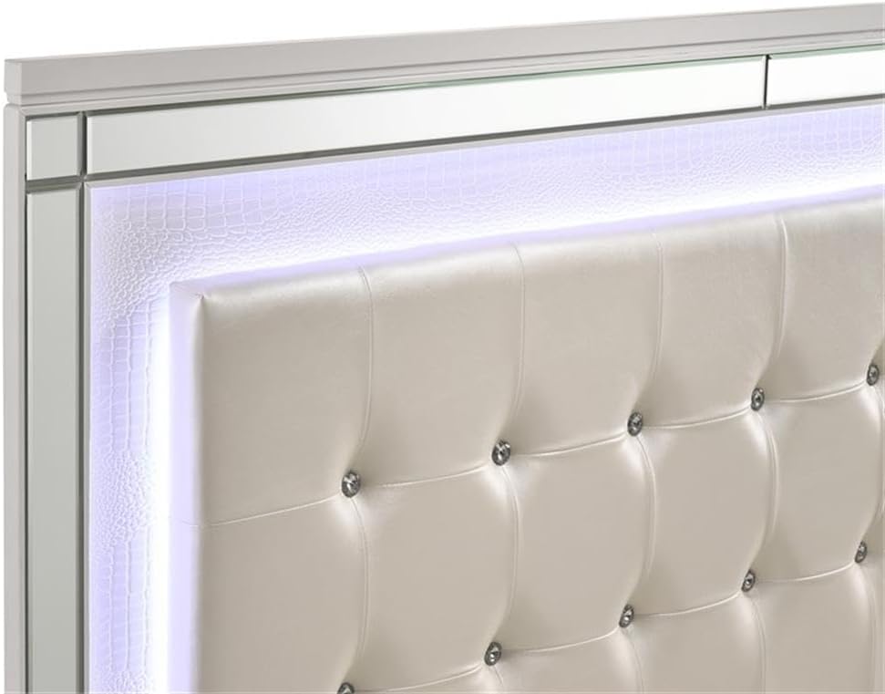 Pemberly Row Modern Solid Wood Queen Lighted Bed, White Finish, Hardwood Solids and Veneers, Embossed Inlay, Lighted Headboard, Durable and Functional Design for Bedroom Use