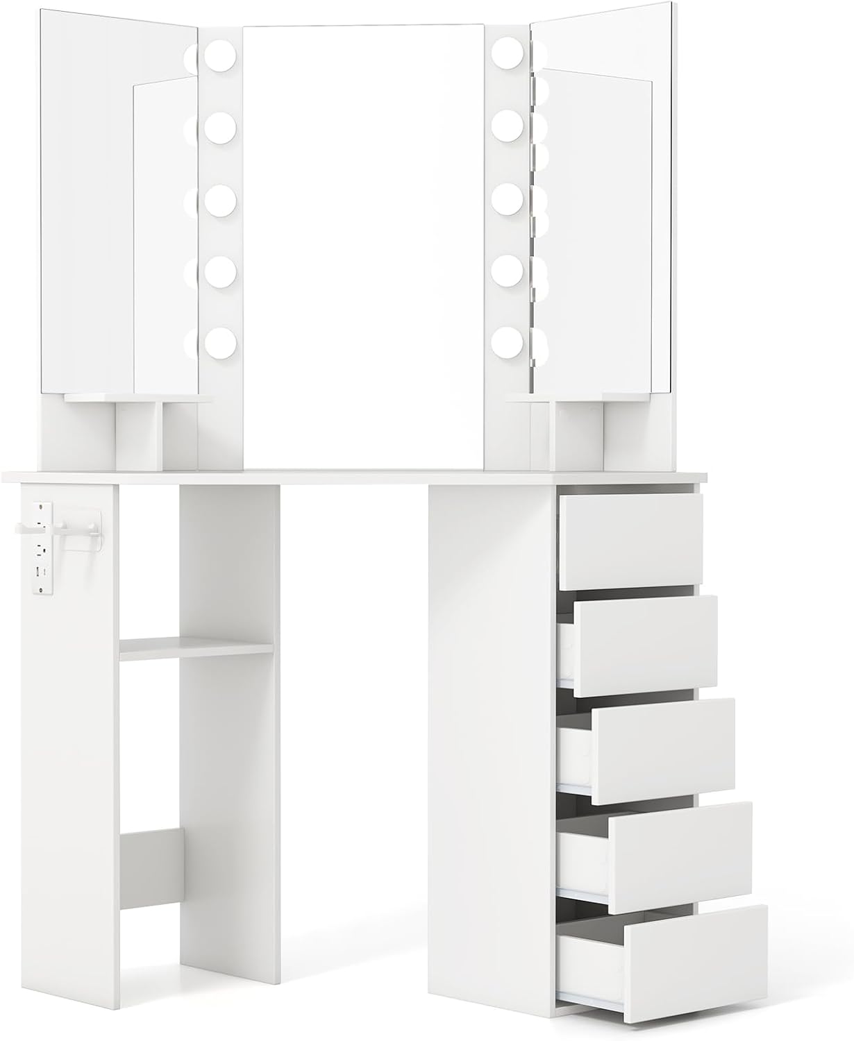 COSTWAY Corner Vanity Desk with Mirror and Lights, Modern Dressing Table with Charging Station, 5 Storage Drawers for Small Space, Bedroom Makeup Vanity Desk for Women, Teen, Girls (White)