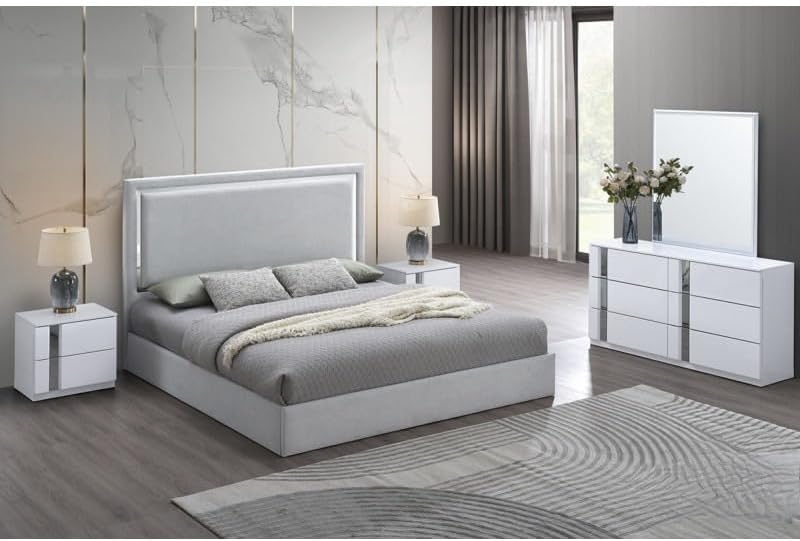 4-Piece Eastern King Size Modern Bedroom Set, Gray/White Wood Frame wih Mirror Trim, High Gloss Finish