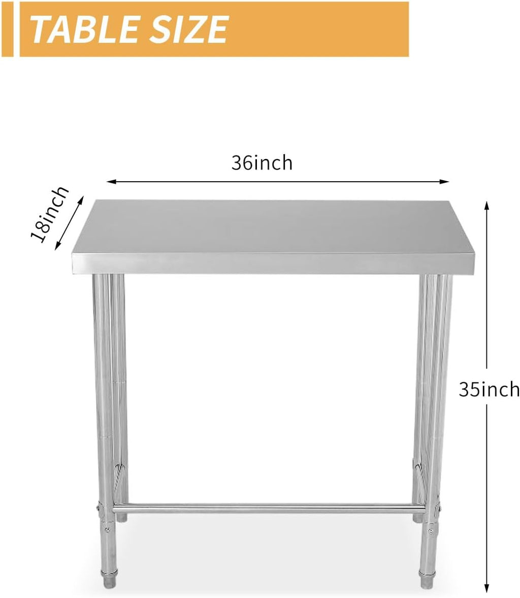 Stainless Steel Table, 18'x36'x35' Utility Work Tables, Commercial Kitchen Prep Table with Open Base Single Tier, for Restaurant, Garage, Workshop, Silver