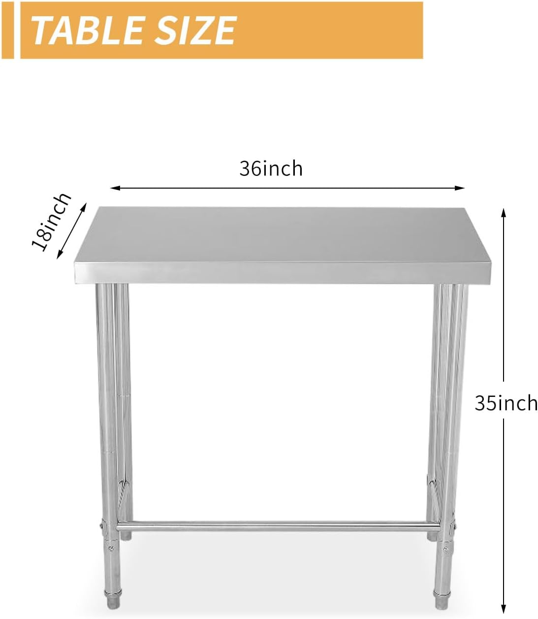 Stainless Steel Table, 18'x36'x35' Utility Work Tables, Commercial Kitchen Prep Table with Open Base Single Tier, for Restaurant, Garage, Workshop, Silver