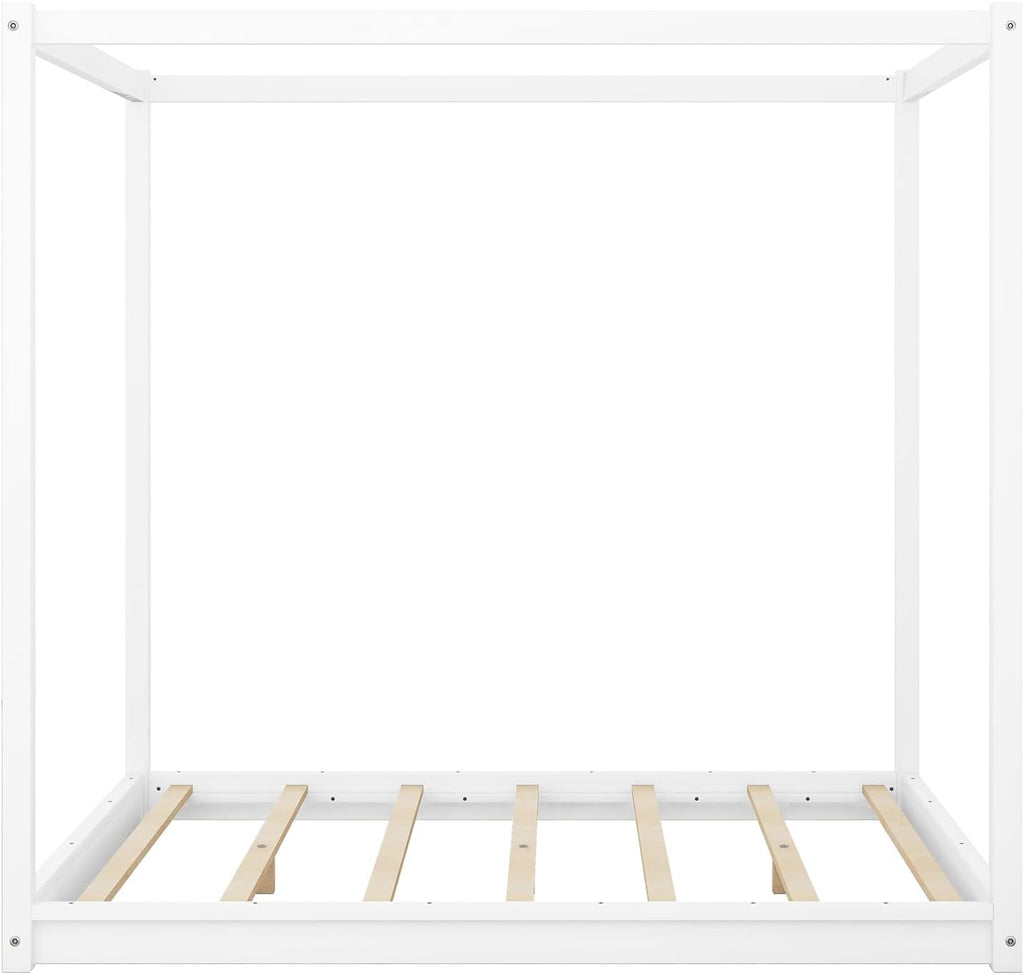 Merax Queen Size Canopy Bed with Support Legs, Queen Size/Mattress Foundation with Wood Slats, 4 Poster Platform Bed Canopy Bed, White
