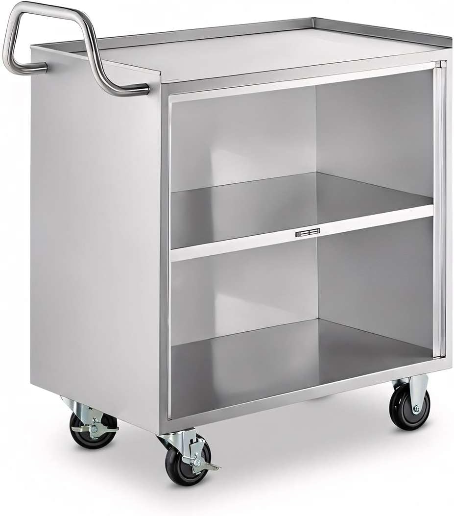 18' x 30' Stainless Steel Utility Cart with Enclosed Base and Open Front - 3 Shelf Heavy-Duty Commercial Service Cart - NSF Rolling Cart for Kitchen, Catering, Restaurant Storage