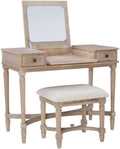 Linon Cyndi Wood Vanity & Padded Stool Set Flip Up Mirror 2 Drawers in Gray Wash