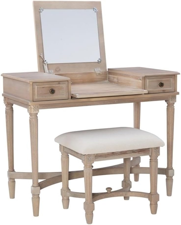 Linon Cyndi Wood Vanity & Padded Stool Set Flip Up Mirror 2 Drawers in Gray Wash