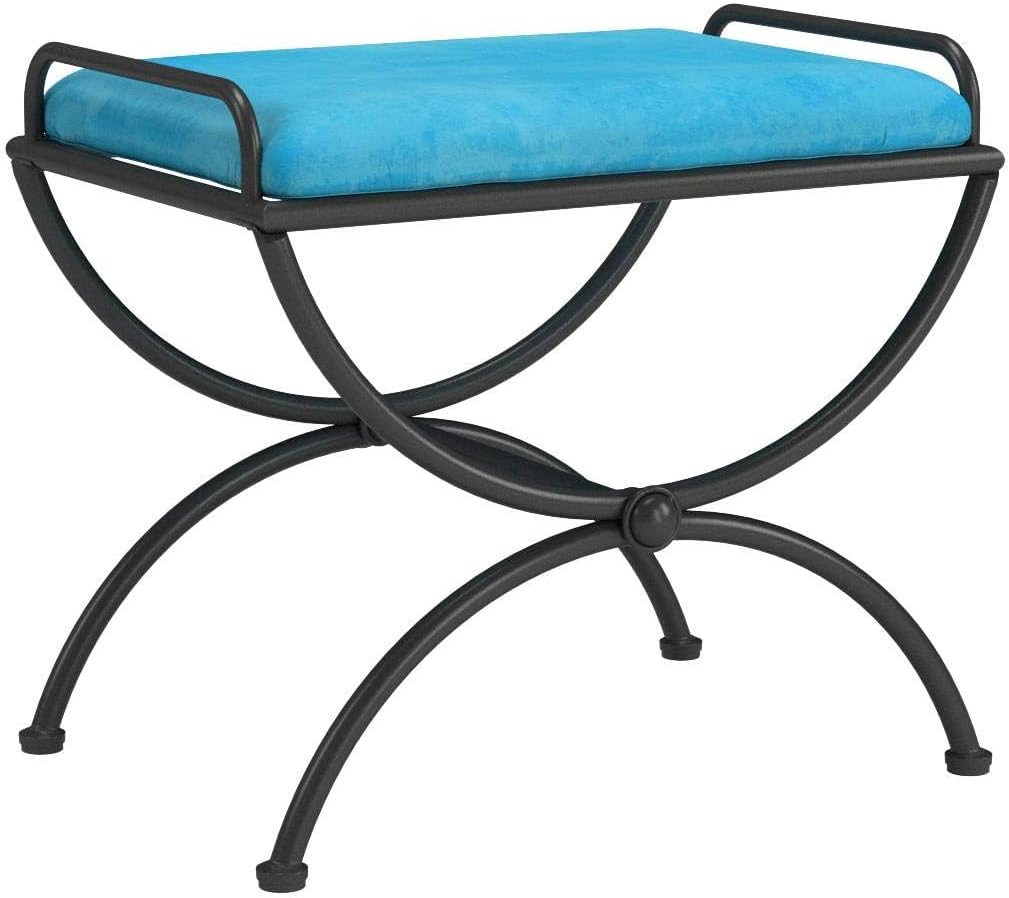 Pemberly Row Iron Vanity Bench, Aqua Blue Finish, Powdercoated Iron Frame, Microsuede Cushion, Hand-Made Style, 17' H x 21' W x 16' D, Perfect for Dressing Rooms or Bedroom Furniture