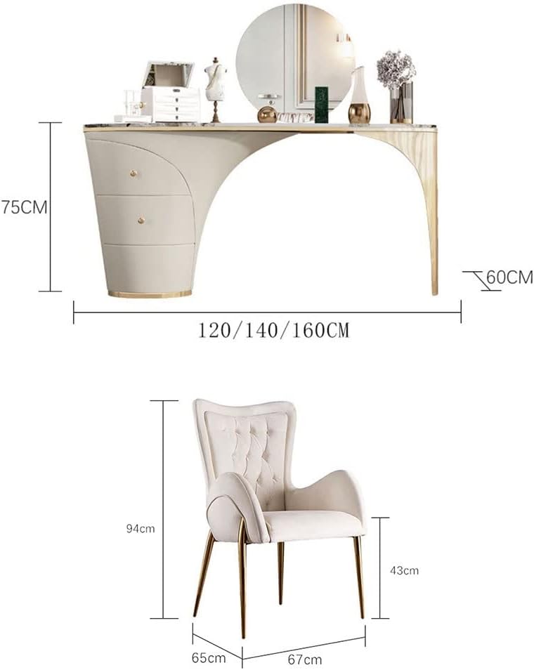 Multifunctional Dressing Desk Oval Slate Dresser Storage Cabinet Integrated Table Solid Copper Handle, Metal Support Frame, Storage Cabinet with 2 Drawers Vanity Makeup Table