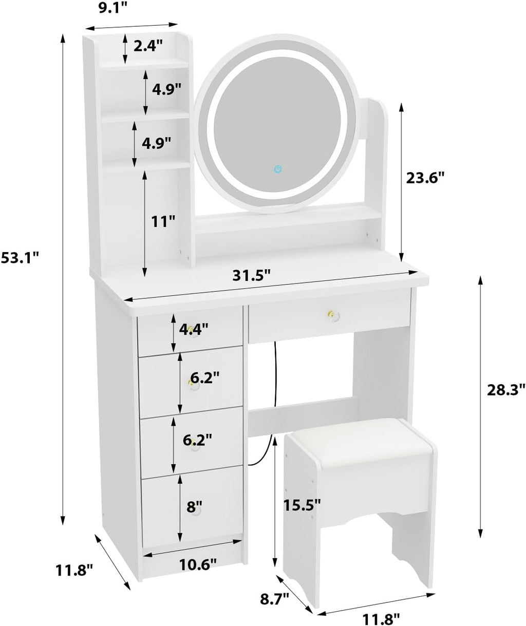 Vanity with Chair, Dressing Table with Lighted Round Mirror, 5 Drawers and Shelves, Makeup Vanity Set with Storage for Bedroom, Crystal Knobs, White, 15.7' D x 31.5' W x 53.1' H