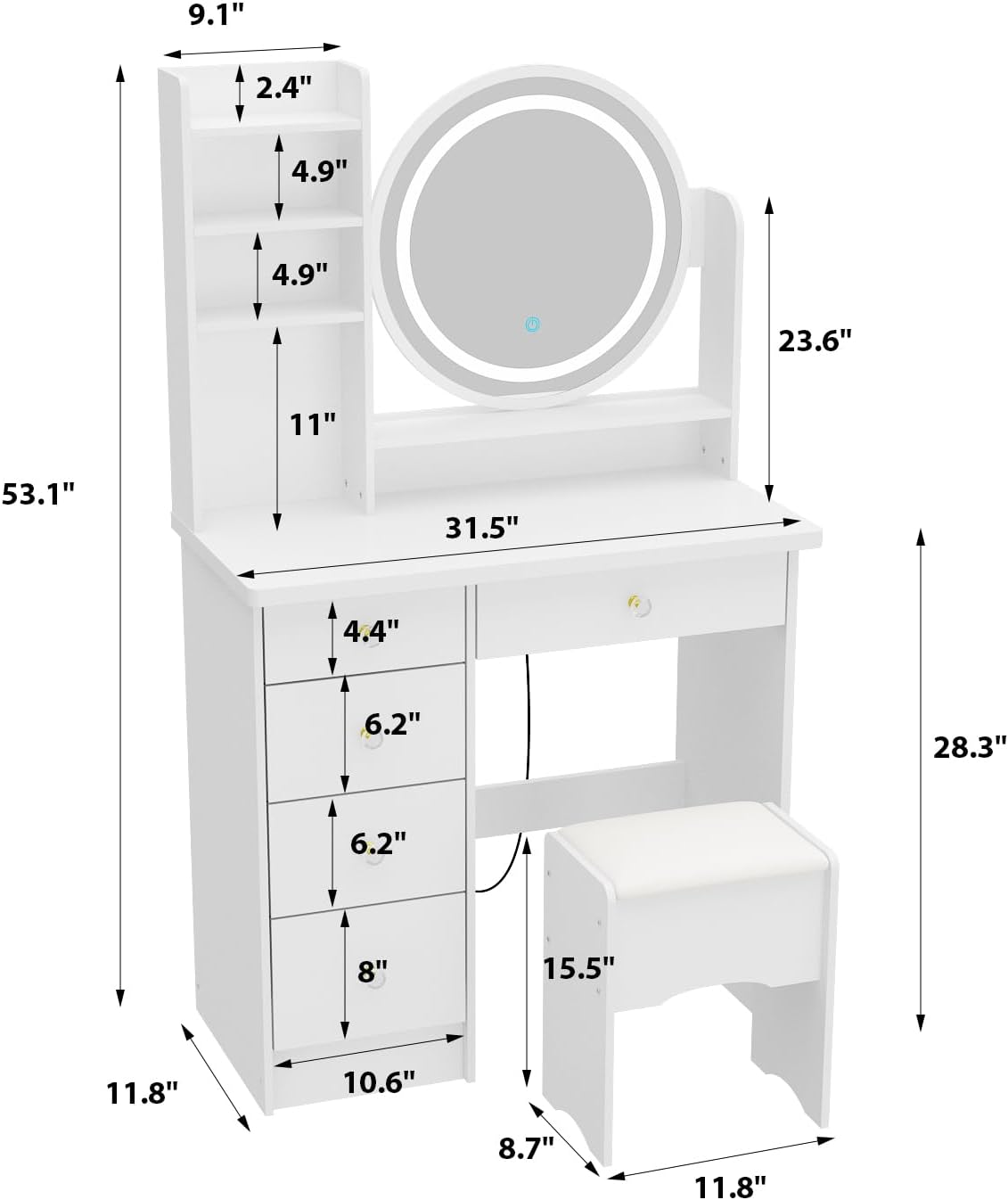 Vanity with Chair, Dressing Table with Lighted Round Mirror, 5 Drawers and Shelves, Makeup Vanity Set with Storage for Bedroom, Crystal Knobs, White, 15.7' D x 31.5' W x 53.1' H