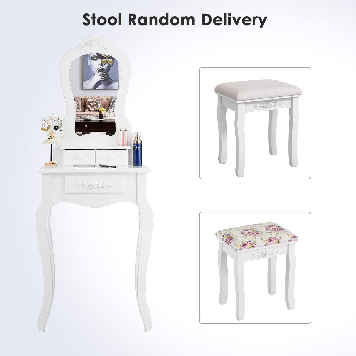 LDAILY Vanity Table Set with Cushioned Stool, Makeup Table with Mirror & 3 Storage Drawers, Multipurpose Writing Desk, Bedroom Bathroom Small Space Dressing Table and Bench for Women, Girl (White)