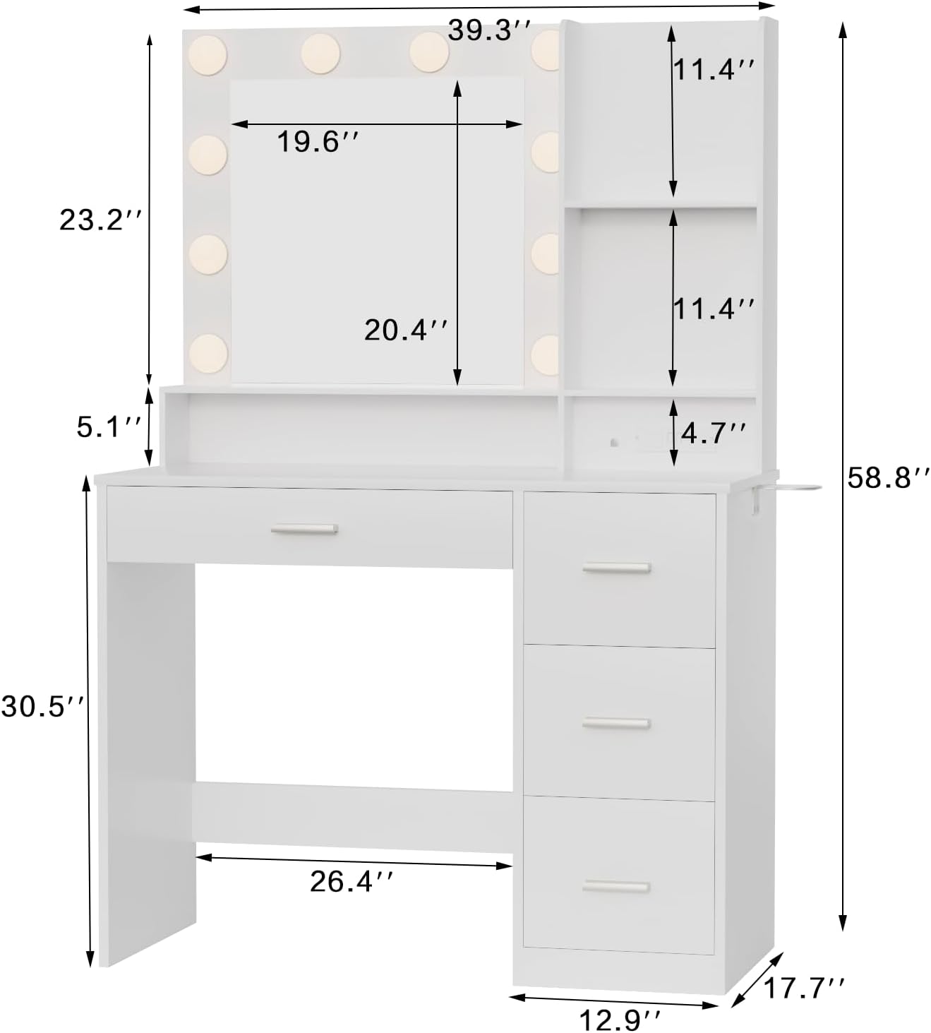 YESHOMY 39' Vanity Desk with Mirror & Lights, Makeup Vanity Table with Power Outlet & Storage Drawers, 3 Color LED Lighting, Dressing Table for Bedroom, White