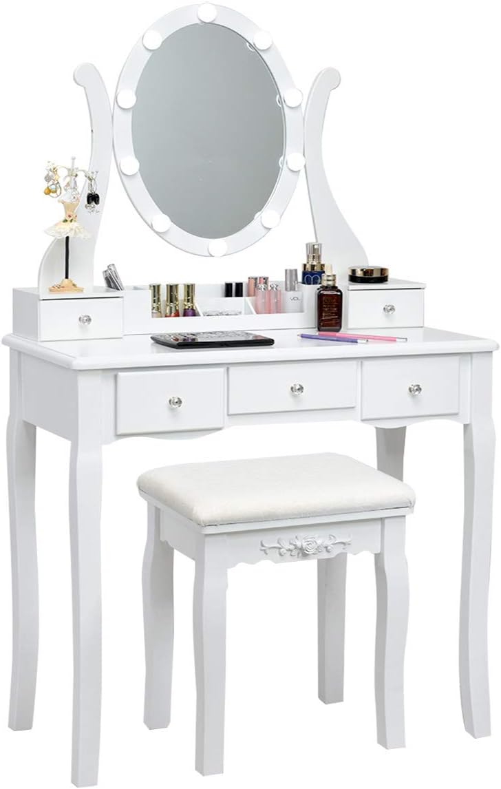 CHARMAID Makeup Vanity Table with Lighted Mirror, Vanity Desk with 10 LED Lights, Adjustable Brightness, 5 Drawers and Removable Storage Organizer, Bedroom Dressing Table with Stool (White)