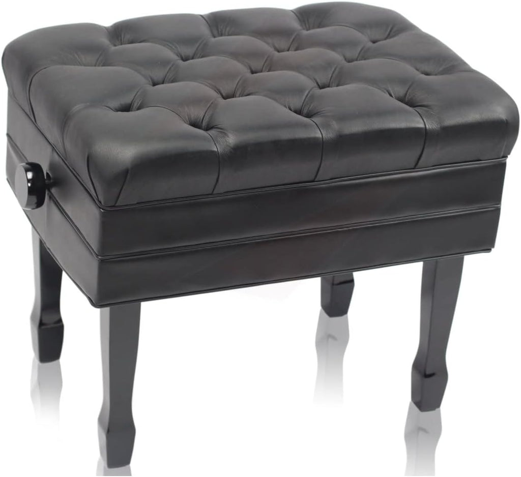 Griffin Piano Bench (Genuine Leather Plus Series) – Adjustable Ergonomic Keyboard Stool with Storage, Black Wood Frame for Home, Musicians, Guitar & Vanity Use
