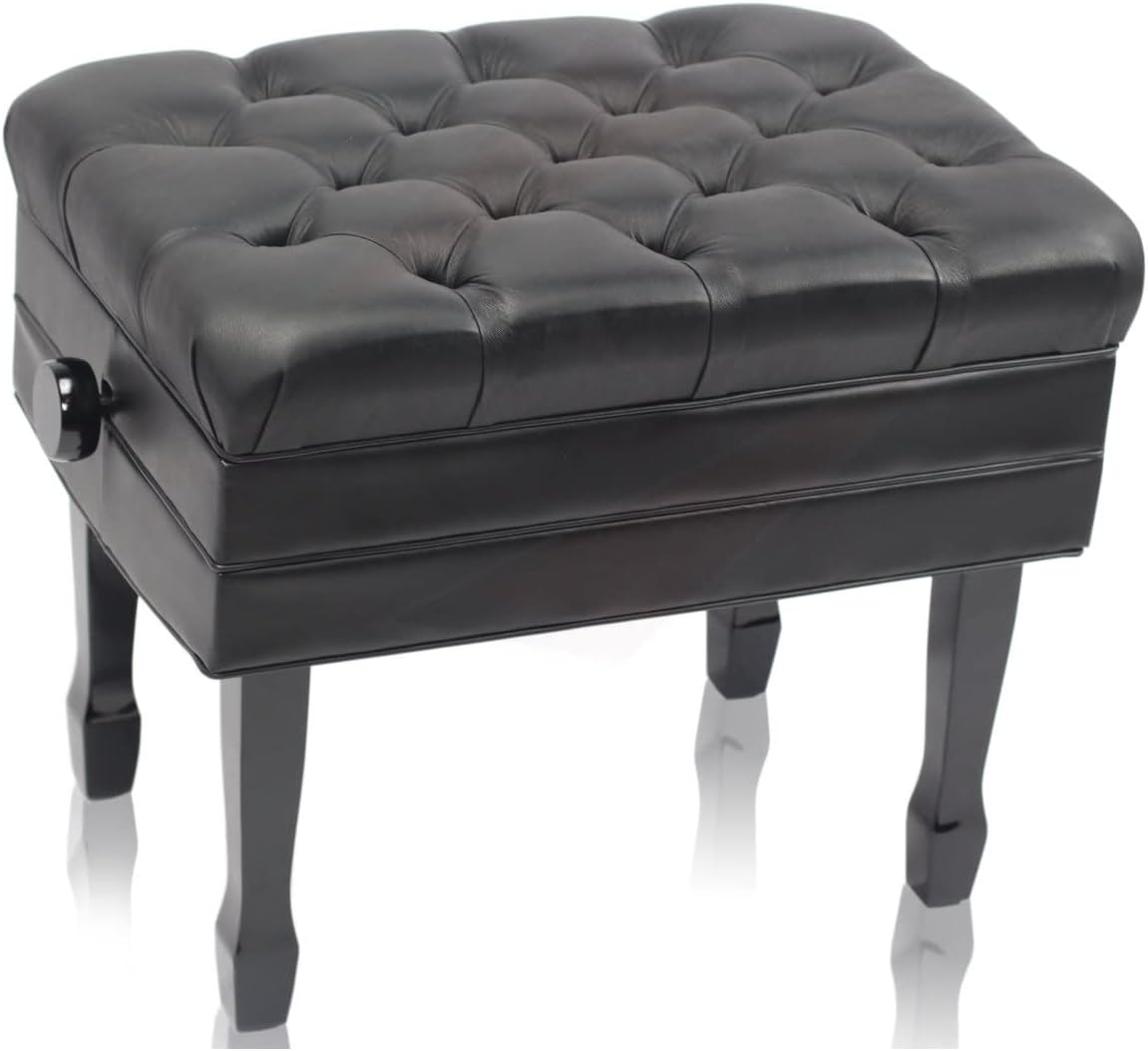 Griffin Piano Bench (Genuine Leather Plus Series) – Adjustable Ergonomic Keyboard Stool with Storage, Black Wood Frame for Home, Musicians, Guitar & Vanity Use