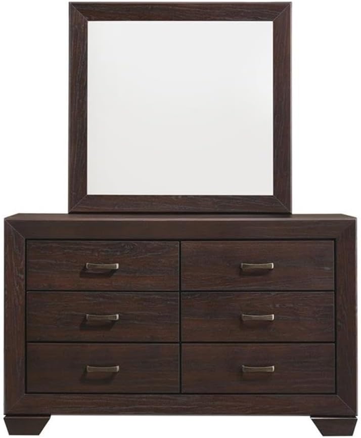 MAKLAINE 4-Piece California King Bedroom Set, Brown Faux Leather Bed with Black Rubberwood Legs, Includes Nightstand, Dresser, Mirror, Mid-Century Modern Style, Transitional Furniture for
