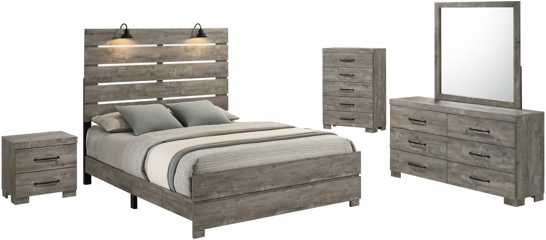 Modern 5-Piece Queen Bedroom Set with LED Reading Lamps and USB Nightstands – Panel Bed Frame, Dresser, Mirror, Chest, and Nightstand in Antique Gray Laminate Finish