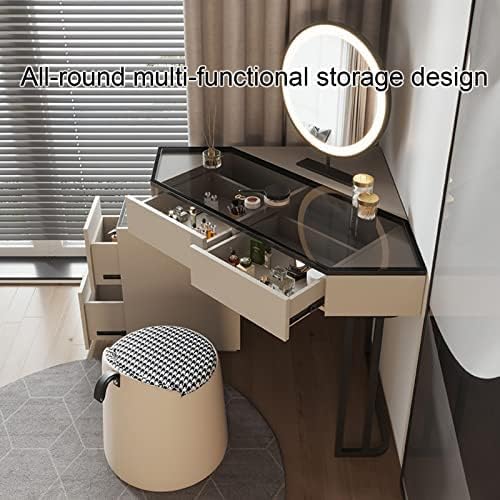 Vanity Corner Dressing Table Set,Vanity Desk with Led Dressing and Stool,Clear Tempered Glass Countertop,Vanity Desk with 4 Drawers,for Women,Stool Not Included