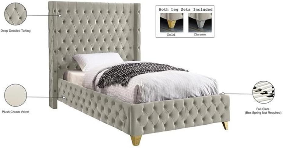 Meridian Furniture SavanCream-T Savan Collection Modern | Contemporary Velvet Upholstered Bed with Deep Button Tufting in Gold or Chrome Finish, 50' W x 81' D x 56' H, Cream, Twin
