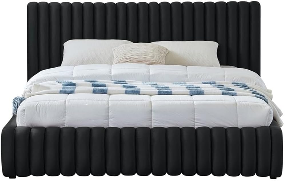 Pemberly Row Full Bed, Rich Black Velvet Upholstery, Deep Channel Tufting, 68' W x 86' D x 38' H, Contemporary Design, Upholstered Headboard and Footboard, Modern Bedroom Furniture