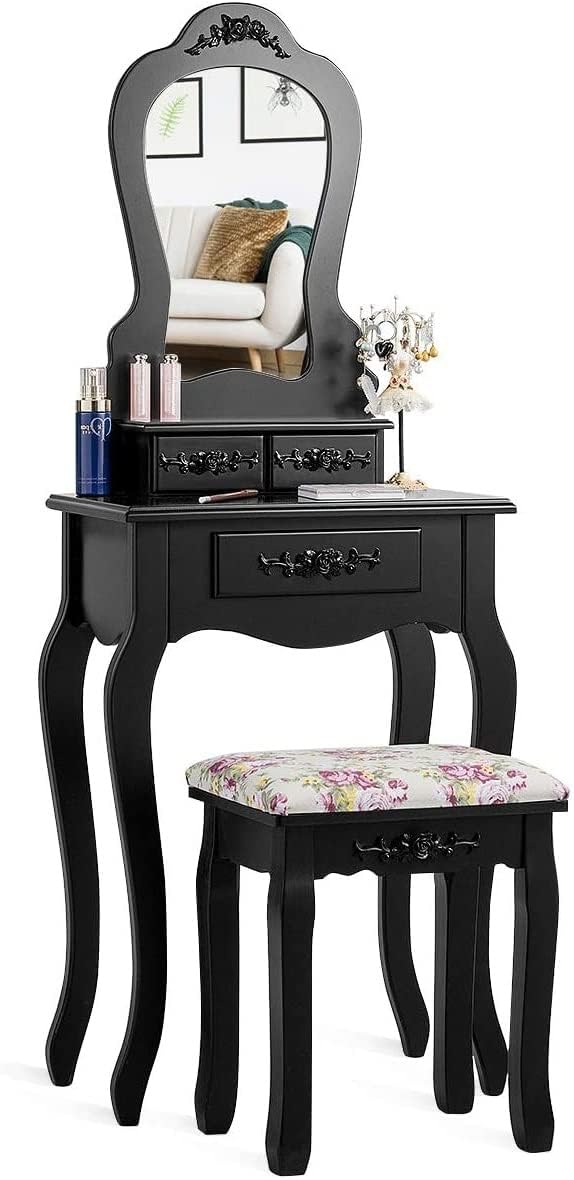LDAILY Vanity Table Set with Cushioned Stool, Makeup Table with Clear Mirror & 3 Storage Drawers, Multipurpose Writing Desk, Bedroom Bathroom Small Space Dressing Table and Bench for Girl (Black)