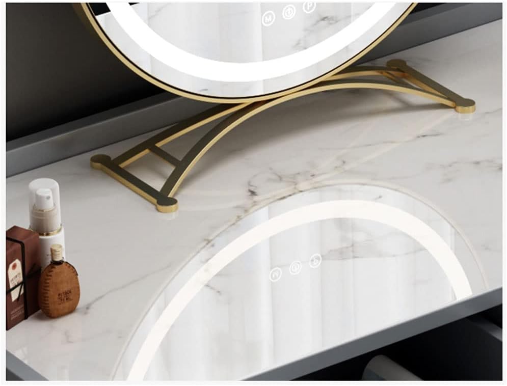 Vanity Benches Dressing Table Set Cosmetic Storage Table Bedroom Small Apartment Vanity Table with LED Round Mirror, Dressing Stool (Color : A)