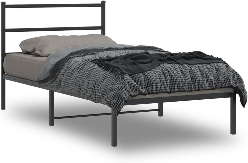 Modern Twin Bed Frame Black Steel Rectangular with Elegant Headboard and Ample Storage Sturdy Powder-Coated Design for Single Sleeper Bedrooms