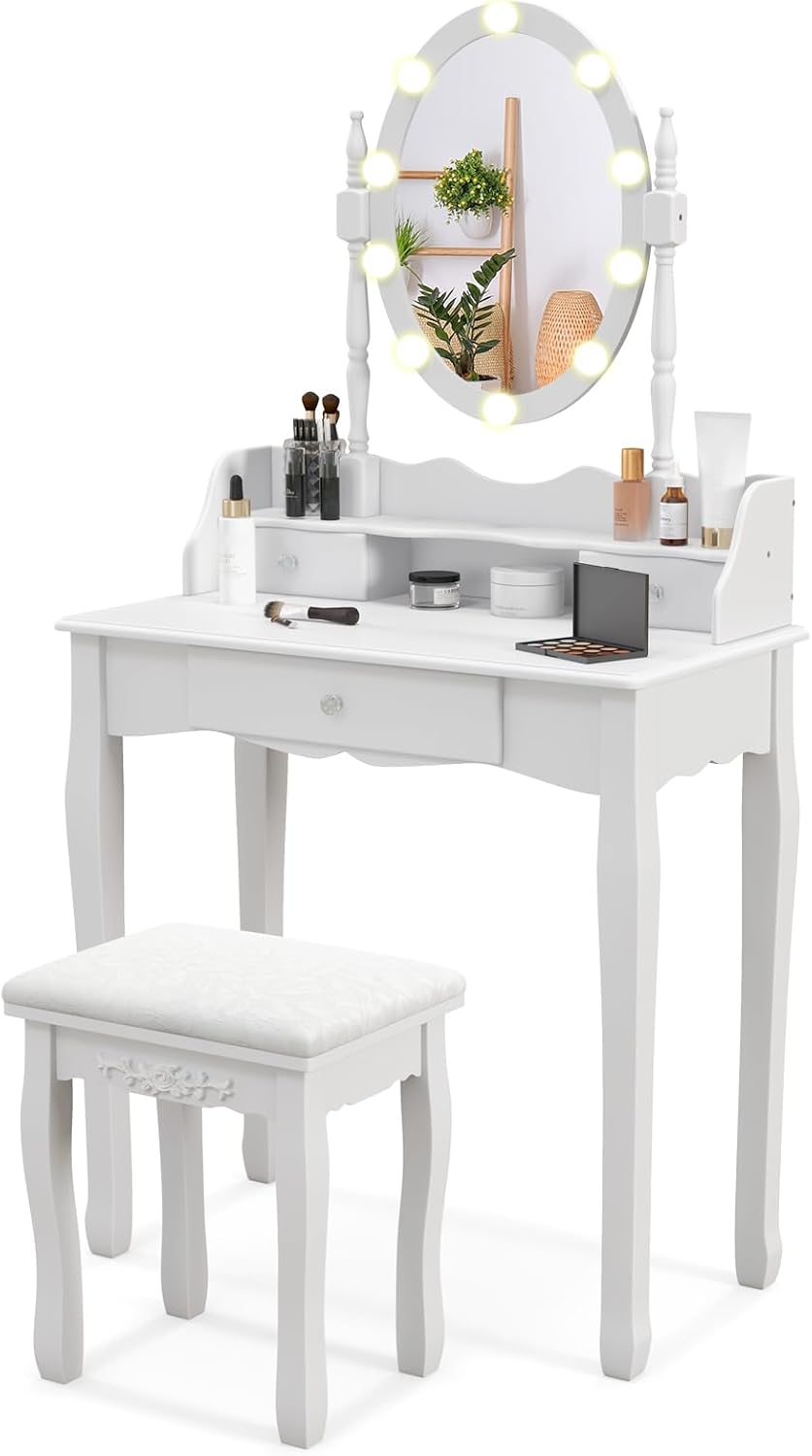 GOFLAME Vanity Table Set with Rotatable Mirror, Makeup Vanity Desk with 3-Color Dimmable LED Lights, 3 Drawers and Cushioned Stool, Dressing Table Set for Bedroom Studio (White)