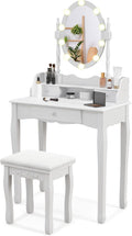 GOFLAME Vanity Table Set with Rotatable Mirror, Makeup Vanity Desk with 3-Color Dimmable LED Lights, 3 Drawers and Cushioned Stool, Dressing Table Set for Bedroom Studio (White)